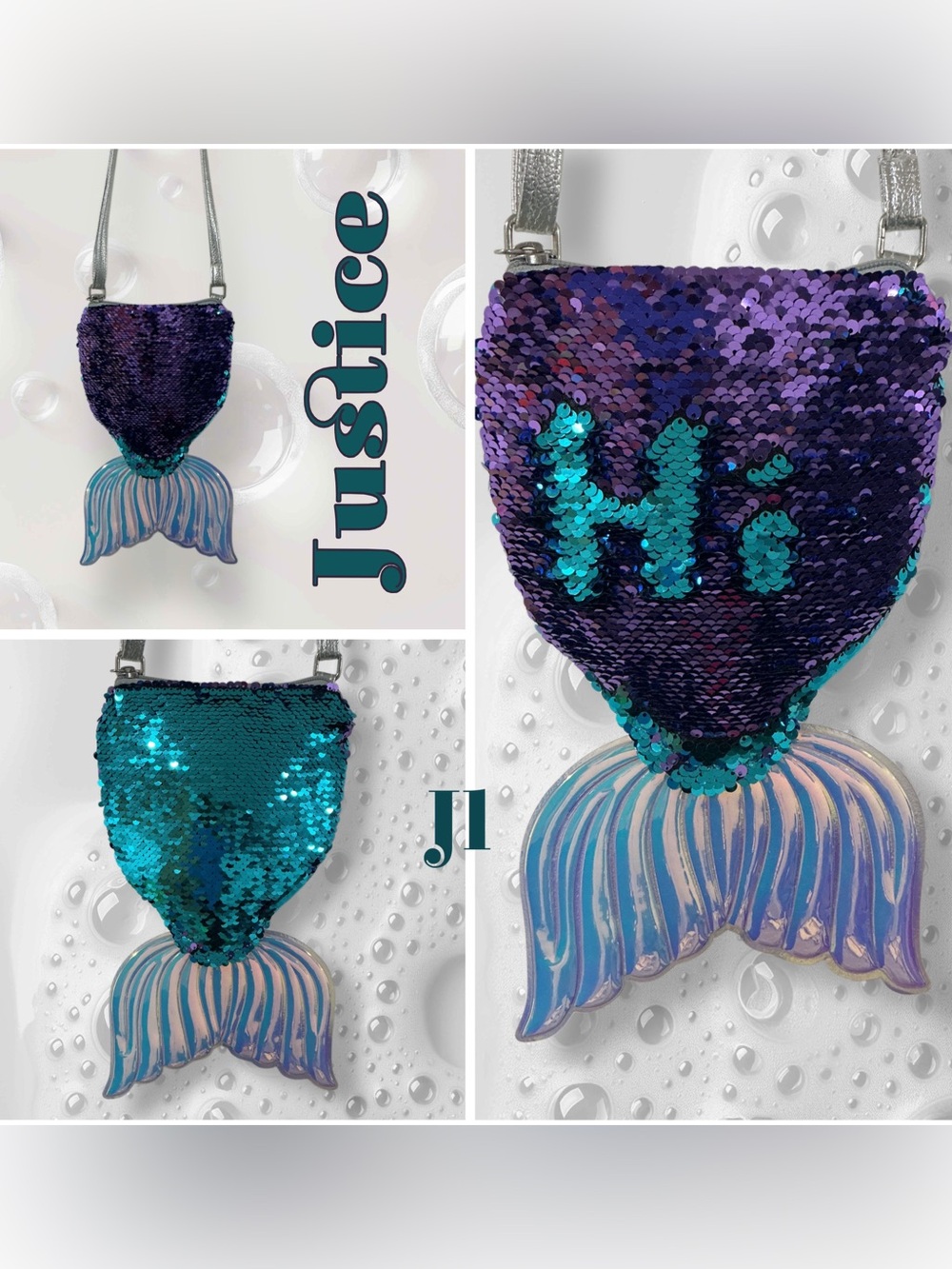 JUSTICE Reversible Teal and Purple Flip Sequins Mermaid Tail Crossbody Bag